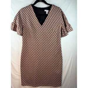 London Times Geometric Diamond V-Neck Ruffle‎ Sleeve Shift Dress Orange Black 6